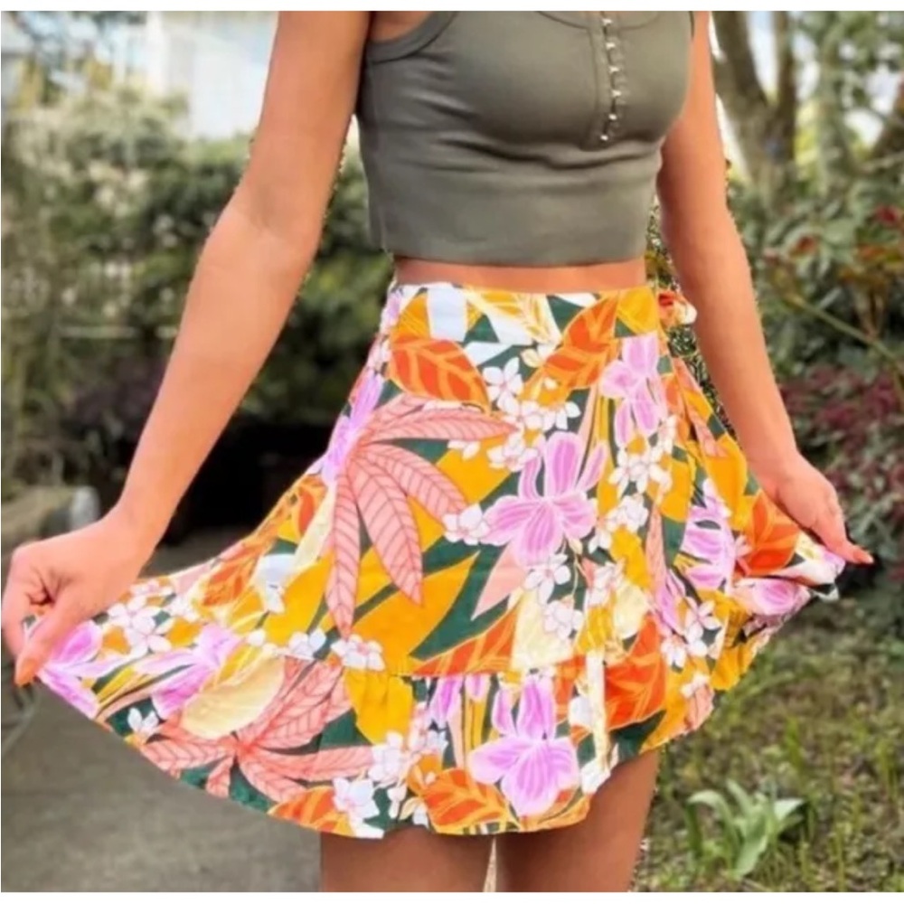 New Aerie Skirt Floral Wrap Orange/Pink Size L, Linen Blend